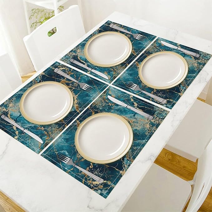 Marble Linen Placemats Set of 2, 12x17 Inch Abstract Modern Foil Stone Texture Blue Gold Marble Table Mats Washable Fabric Place for Party Kitchen Wedding Dining Banquets Decor
