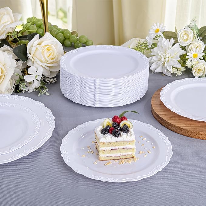 DaYammi 36PCS White Plastic Plates, Heavy Duty White Disposable Premium 7.5inch Dessert Cake Salad Appetizer Plates Hard Plastic Platos Disposable for Party Wedding