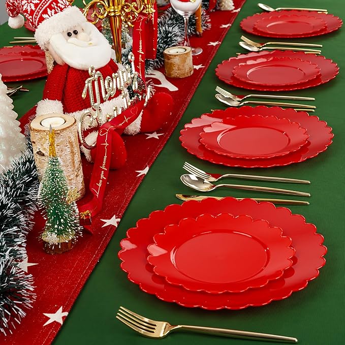 SUT 72Pcs Red Plastic Plates,10.25inch red Dinner Plates, Disposable Dinner Plates, Heavy Duty Plastic Plates, Disposable Plates,Scallop Plastic Plates for Party