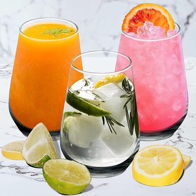 DISCOUNT PROMOS 10 Vaso Silicia Stemless Wine Glasses Set, 16 oz. - Clear, Orb-Like, Thick base - Black