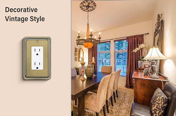 Henne Bery Rope Edge Decorative Wall Plate Switch Plate Outlet Cover (Single Decorator, 3 Pack, Antique Brass)