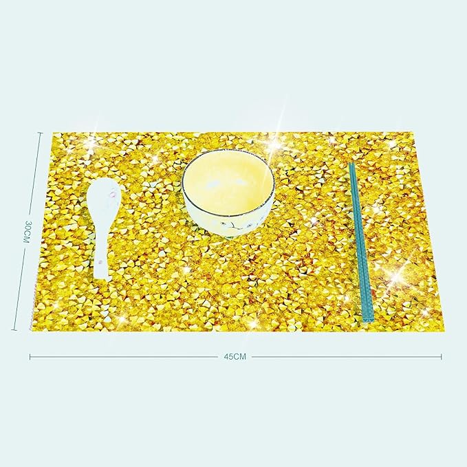 Gold Placemats Gold Heat Resistant Mat Square Placemats Trivets Rhinestone Decor Place Mat Crushed Diamond Decor Bling Sparkly Mat Set of 2