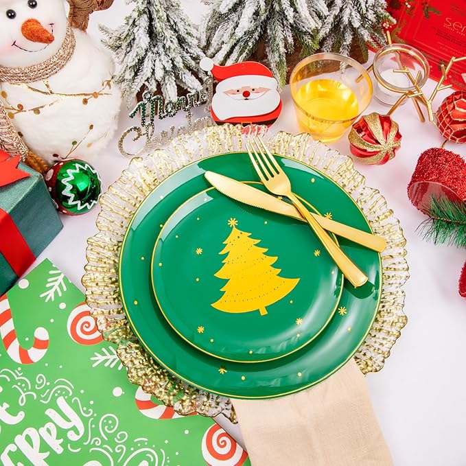 WDF 150pcs Christmas Plates Plastic Disposable - 25 Guests Green Plates with Gold Tree, Clear Gold Cups, Perfect for Christmas Parties