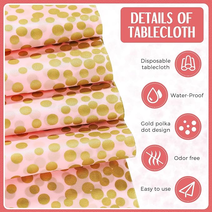 Breling 8 Pack Pink and Gold Disposable Plastic Tablecloths and Satin Table Runner Set, 54 x 108 Inch Tablecloth, 12 x 108 Inch Table Runners for Wedding Graduation Birthday Baby Shower