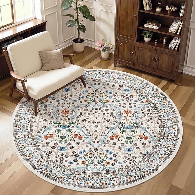 GarveeHome Beige Ivory Floral 6 ft Round Rug Washable Non-Slip Soft Low Pile Circle Carpet Vintage Rugs for Kitchen Bedroom Nursery Dining Living Room
