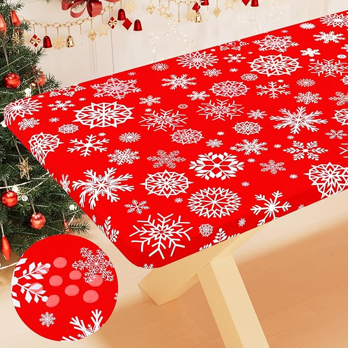 Smiry Plastic Christmas Tablecloth, Snowflake Waterproof Elastic Fitted Table Covers, Wipeable Flannel Backed Vinyl Tablecloths for Christmas Dinner, and New Year Celebration (Red, 30x72 Inches)