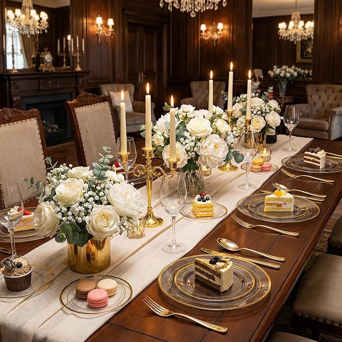 I00000 100PCS Clear Gold Plastic Plates, Clear Dinner Plates with Gold Rim 10 Inch, Fancy Disposable Wedding Premium Plastic Plate for Wedding & Party