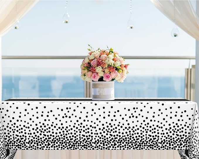 Oudain 6 Pcs White and Black Tablecloth for Parties Plastic Dot Tablecloths Printed Table Runner Waterproof Disposable Rectangle Table Cover for Christmas Birthday Wedding Party, 54" x 108"