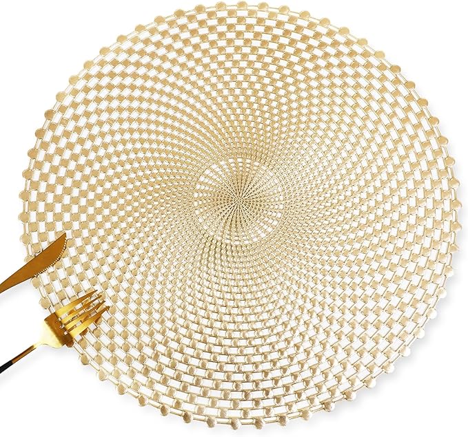 FAVE 8 PCS Vinyl Gold Round Placemats, Spiral Hollow Out Washable for Daily Dining, Holiday Events& Daily Use (15 Inch,8PCS)
