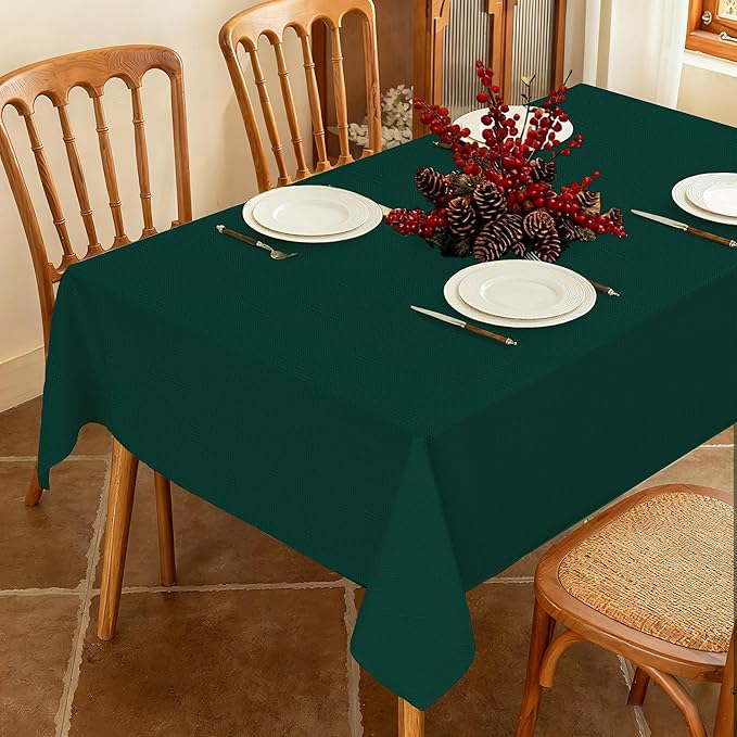 Winter Green Textured Fabric Rectangle Tablecloth, Faux Linen Water Resistant Table Cloth for 6 Foot Rectangular Table Washable for Dinig Party Holiday Decoration 60 x 84 Inch