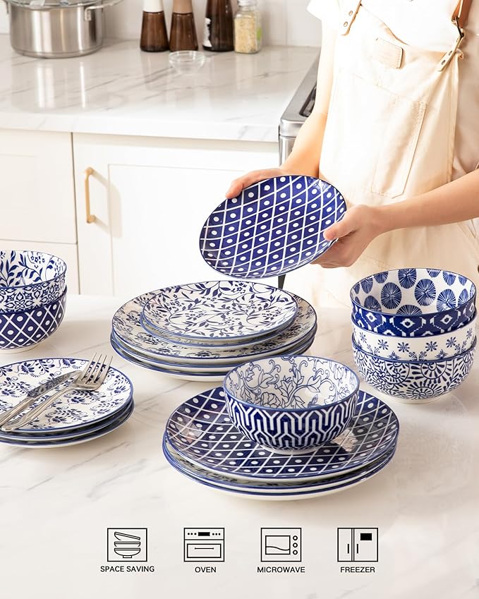 Sweejar 24 Pieces Ceramic Dinnerware Sets, Handmade Plates and Bowls Sets, Highly Scratch Resistant Dishes Set for Kitchen,Porcelain Dishwasher & Microwave Safe Dishes Set,Service for 8 (Vintage Blue)