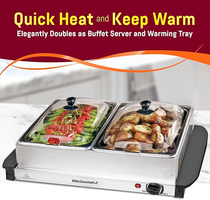 Elite Gourmet EWM-6122 Dual 2 x 2.5 Qt. Trays, Buffet Server, Food Warmer Temperature Control, Clear Slotted Lids, Perfect for Parties, Entertaining & Holidays, 5 Qt Total, Stainless Steel
