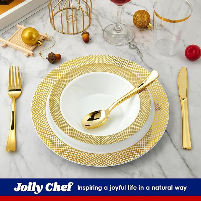 JOLLY CHEF 50 Pack Plastic Bowls with Gold Rim, 12 oz Disposable Soup Bowls, Heavy Duty Plastic Dinner Bowl for Weddings, Party, Dinners, Catering, Christmas and Everyday Use