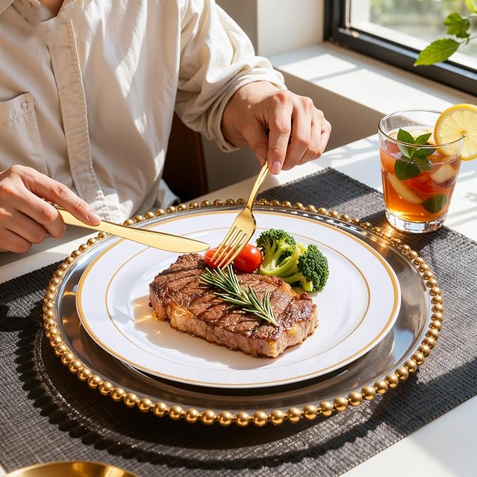 350Piece Gold Dinnerware Set for 50 Guests - Gold Plastic Plates with Disposable Cutlery Include:50Dinner Plates-50Dessert Plates-50Pre Rolled Napkins with Silverware for Valentine’s Day