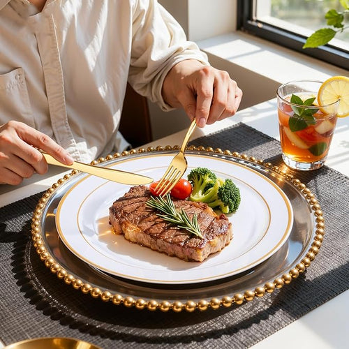 350Piece Gold Dinnerware Set for 50 Guests - Gold Plastic Plates with Disposable Cutlery Include:50Dinner Plates-50Dessert Plates-50Pre Rolled Napkins with Silverware for Valentine’s Day