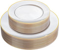 Hioasis 60pcs White and Gold Plastic Plates - White Disposable Dinnerware Set, 30pcs Dinner 10.25in & 30pcs Dessert 7.5in Plates with Striped Designs for Party & Wedding