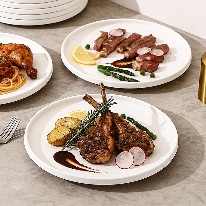 GZG Ceramic Dinner Plates Set of 4,10 Inch Stoneware plate Set,Microwave and Dishwasher Safe Kitchen Utensils,Stackable,Scratch Resistant (Ivory White)