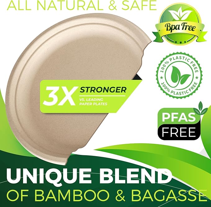150PCS 100% Compostable Brown Paper Plate(10 in), Heavy Duty Disposable Plates, Eco Friendly Dinner Plates, Biodegradable Plates Made of Sugarcane Fiber