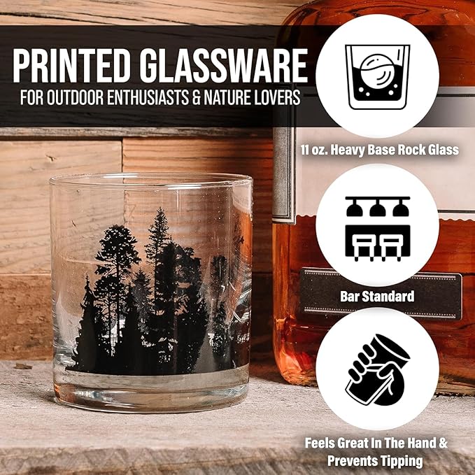 Double Exposure Bird Whiskey Glasses – Set of 2 by Black Lantern | 11oz Tumblers with Black Bird & Mountain Forest Design