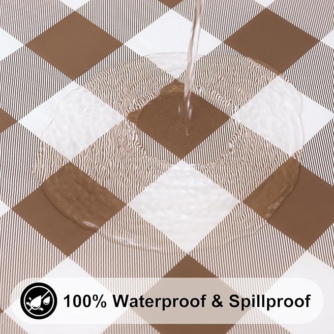 Smiry Rectangle Picnic Table Cloth, Elastic Waterproof Fitted Vinyl Tablecloths, Flannel Backed Buffalo Plaid Table Covers for Dining, Camping, Outdoor (White and Brown, 30" x 96")