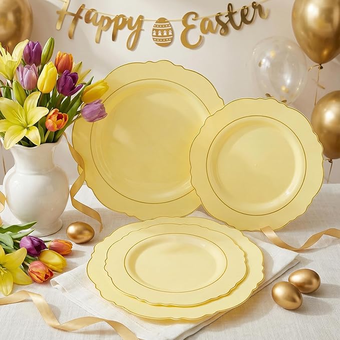 Liacere 350PCS Yellow Plates - Yellow Disposable Plastic Plates With Gold Rim-50Guest Plastic Dinnerware include 100 Plates,50 Pack Pre Rolled Napkins with Silverware 50Cups for Wedding＆Easter Day