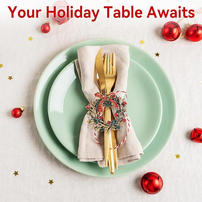 ZeeDix Christmas Wreath Napkin Rings Set of 8, Rhinestone Holiday Christmas Napkin Ring Holders for Cloth Napkins, Xmas Napkin Rings for Thanksgiving Holiday Dinner Parties
