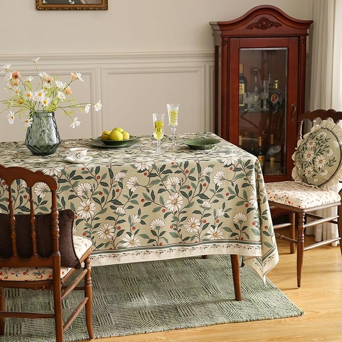 ISAENNE Designer Green Linen Extra Long Tablecloth Rectangle,Floral French Country Indoor Table Cloth,Stain Resistant Home Decor Tablecloths for Dining Kitchen Thanksgiving Party,67"*118"-Brune