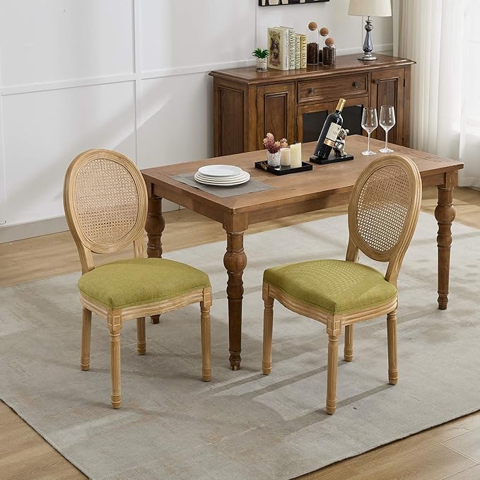Vintage French Rattan Dining Chairs Set of 6, Round Back Accent Chairs with Rattan Backrest and Upholstered Linen Seat, Solid Frame Wood Sillas de Comedor for Dining Room & Kitchen, Olive Green