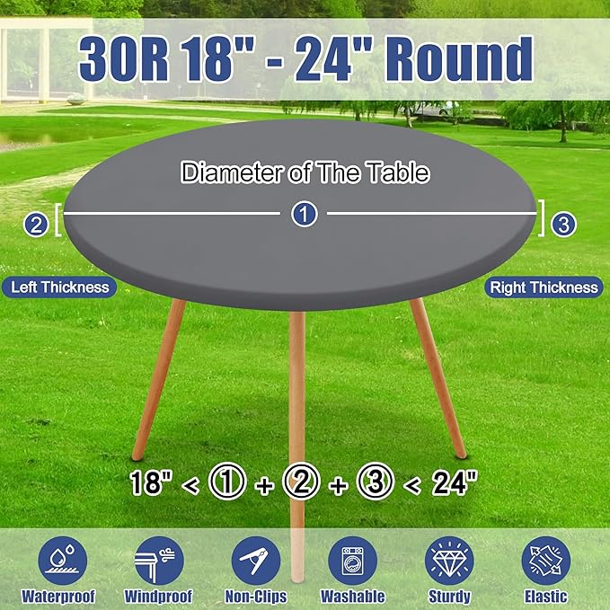 Round Spandex Tablecloth 2 Pack, Elastic Fitted Waterproof Tablecloths for 18"-24" Tables, Stretch Washable Picnic Table Cover for Camping, Dining, Indoor and Outdoor, Grey
