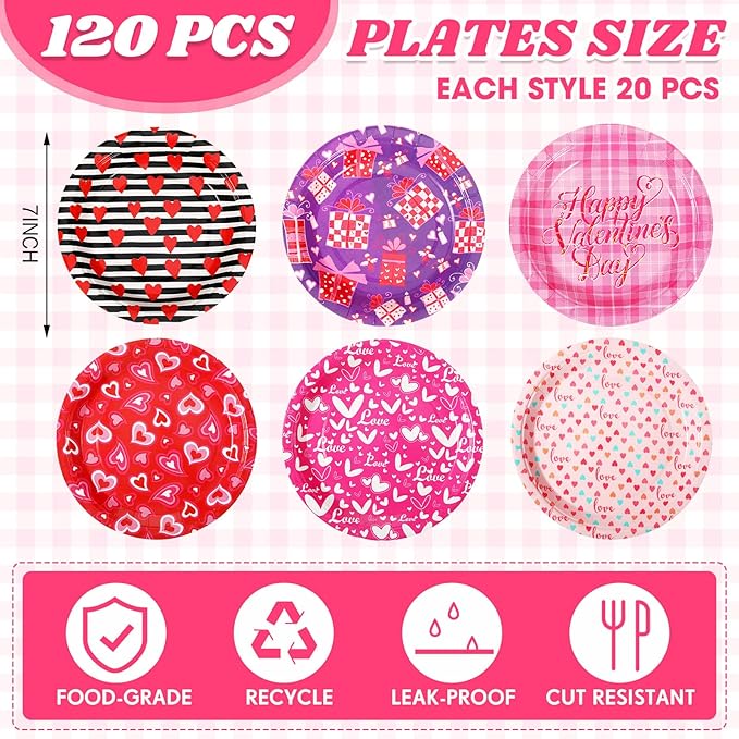 Umigy 120 Pcs Happy Valentine's Day Party Plates 7 Inch Valentine's Day Paper Plates, Heart Printed Disposable Decorative Tableware for Mother's Day, Wedding Birthday Party
