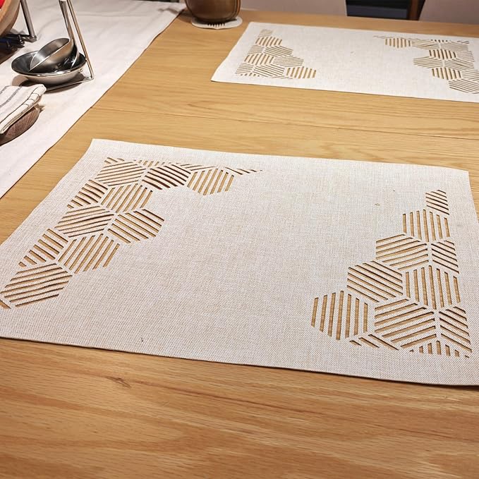 Decorative Placemats Set of 6 for Dining Table, Cloth Placemats with Hollow Design Table Cloth Set, Table Mats for Dining Table 12"x18" Sand
