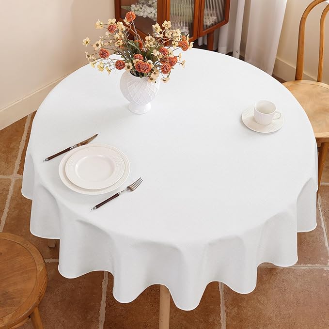White Fabric 60 Inch Round Table Cloth Faux Linen Textured Water Resistant & Wipeable Circle Tablecloth Reusable for Dining Kitchen Patio
