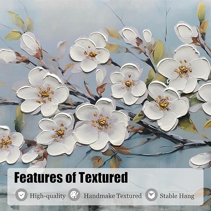 Anolyfi White Textured Flowers Wall Art for Living Room Canvas Wall Decor, Modern Elegant Landscape Wall Art for Dining Room Hallway Office Home 40"x20"