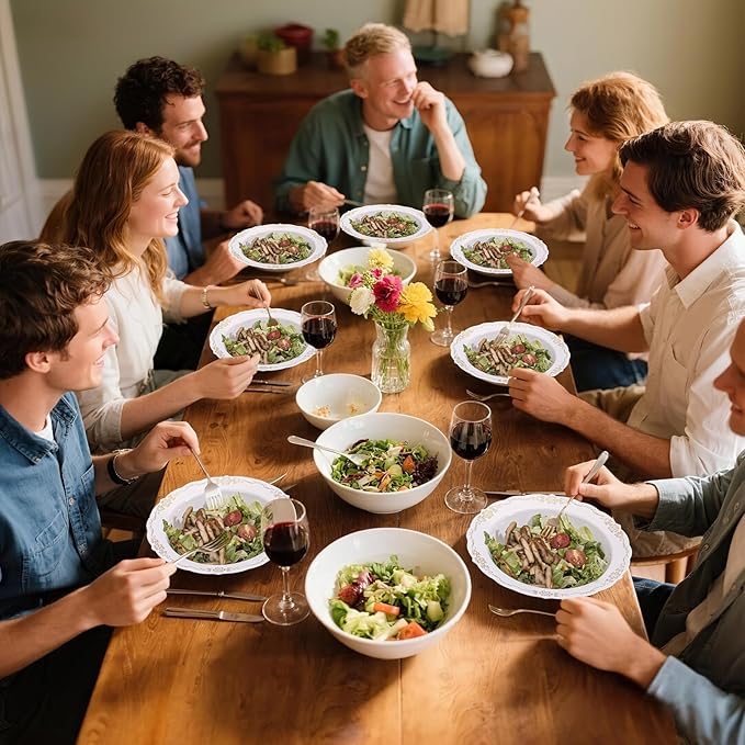 DaYammi 50 Pack Plastic Bowls with Gold Rim, 12oz Disposable Soup Bowls, Heavy Duty Dinner Bowls for Weddings,Gold Disposable bowl for Parties, Dinners, Catering and Everyday Use