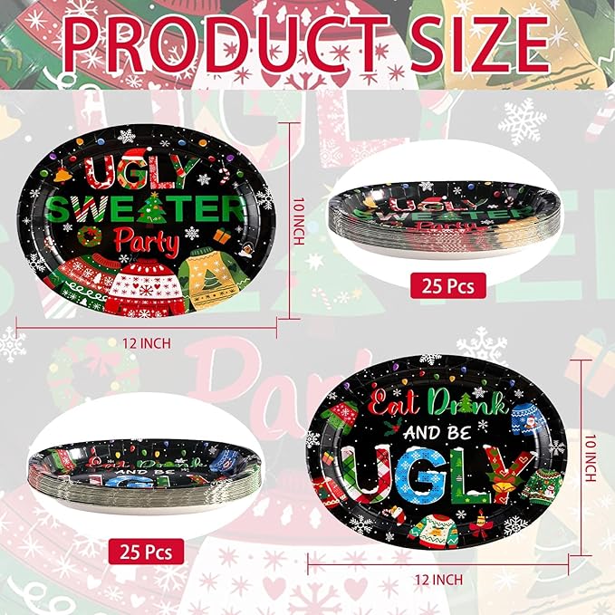 Grencian 50Pcs Ugly Sweater Oval Paper Plates 10" x 12" Large Disposable Heavy Duty Eat Drink And Be Ugly Paper Platters Tacky Sweater Dessert Plates for Winter New Year Holiday Dinner Party Supplies