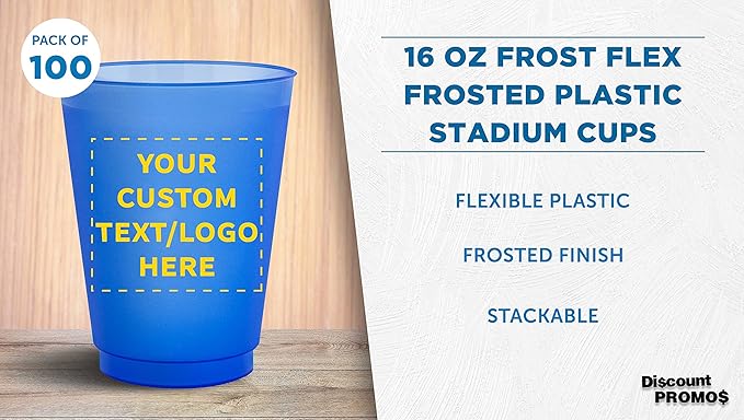 DISCOUNT PROMOS Custom Frosted Plastic Stadium Cups, 100 pack, Promotional Text, Logo, 16 oz. Shatterproof Flexible Reusable Party Cups, Blue