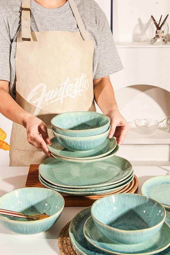 Modern Plates and Bowls Sets 12-Piece Ceramic Dinnerware Set for 4 Blue Kitchen Plates and Bowls Microwave Dishwasher and Oven Safe Stackable Tableware Dinnerware Sets for Everyday Use