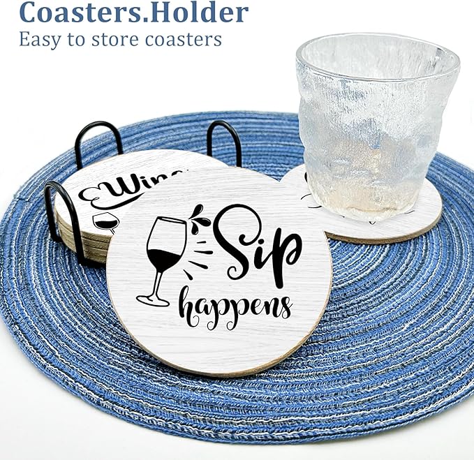 Funny Sayings Cork Coasters for Drinks Absorbents with Holder 6 Pcs Gift Set,Wine Lovers Gifts,Unique Present for Housewarming,Living Room Decor,Kitchen Decor Accessories.