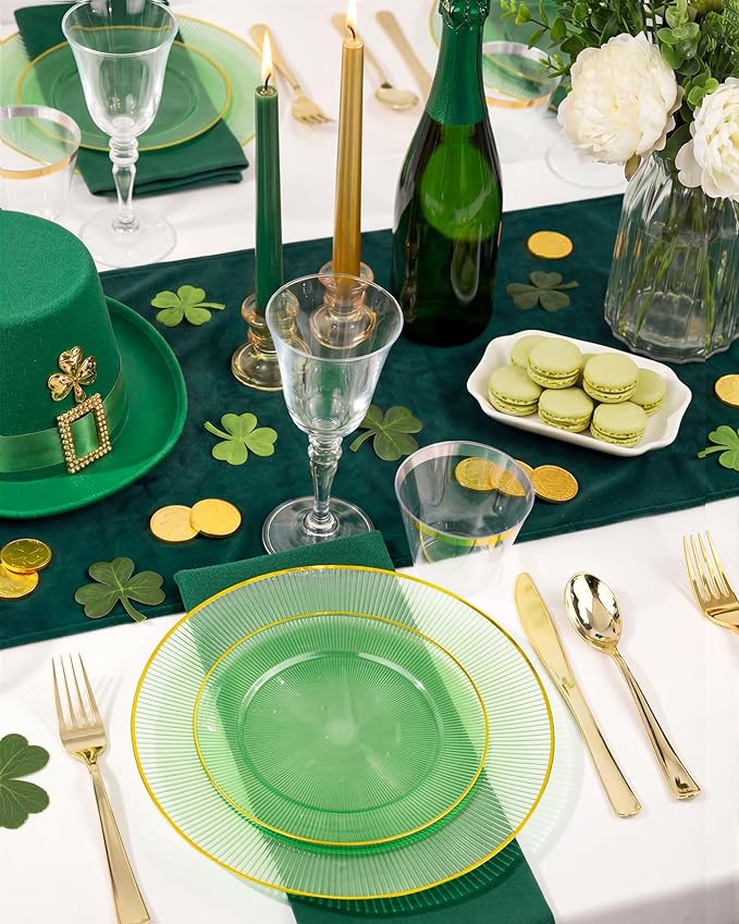Hioasis 60pcs Green and Gold Plastic Plates - Green Disposable Dinnerware Set, 30pcs Dinner 10.25in & 30pcs Dessert 7.5in Plates with Striped Designs for Party & St. Patrick's Day