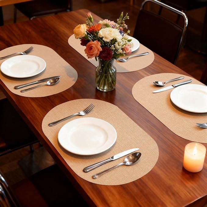 Oval Placemats for Dining Table Set of 2, Washable Leather Table Mats, Waterproof Heat-Resistant Non-Slip Kitchen Placemats, Simple Style Oval Design