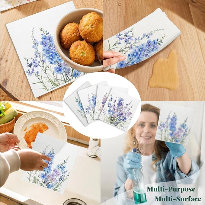 Spring Floral Swedish Dishcloths for Kitchen, Swedish Dish Cleaning Cloths for Lavender, Papaya Reusable Paper Towels, 4 Pack Dish Towels for Kitchen, Reusable Paper Dishcloths Washable