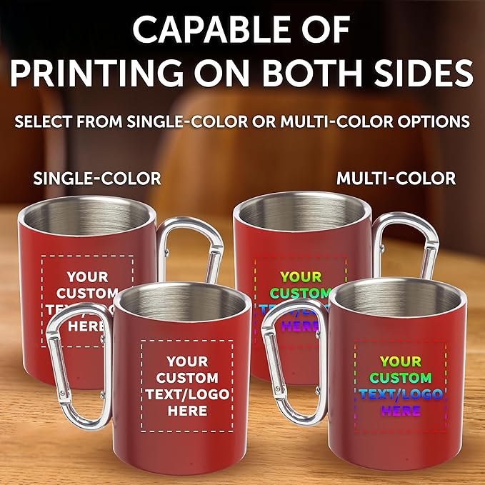Custom Stainless Steel Mugs with Carabiner Handle 10 oz. Set of 50, Personalized Bulk Pack - Perfect for Coffee, Soda, Other Hot & Cold Beverages - Red