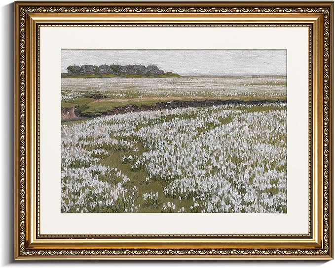 InSimSea Retro Gold Framed Wall Art, Home Room White Flowers Grassland Vintage Wall Decor, Canvas Print Artwork, Farmhouse Country Decor, Antique Picture Frame Floral Paintings, 13x16 Inch