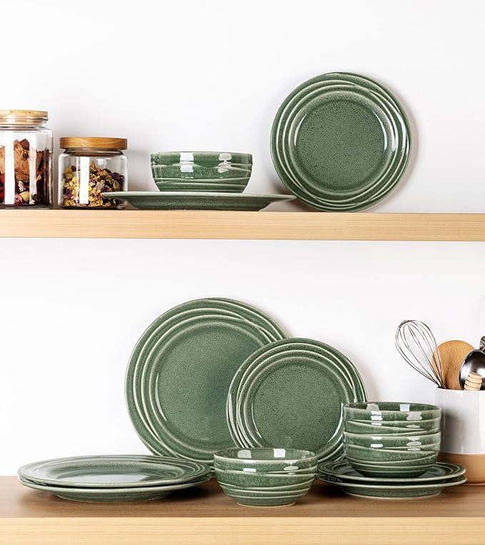 GBHOME Ceramic Dinnerware Sets,12 pcs Embossed Elegant Stoneware Plates and Bowls Sets, Housewarming Wedding Gift | Dishwasher & Microwave Safe | Dishes Set Service for 4,Dark Green