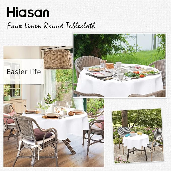 Hiasan Round Linen Tablecloth 70 Inch - Wrinkle and Stain Resistant Washable Polyester Fabric Table Cloth for Outdoor Dining Room Kitchen Party, White