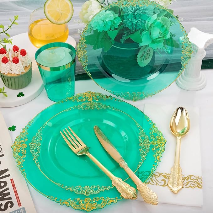 Hioasis 175pcs Clear Green Plastic Plates - Elegant Disposable Dinnerware Set Suitable for 25 Guests Include 10.25" Dinner & 7.5" Dessert Plates, Cutlery, Napkins, Cups for Party & St. Patrick's Day