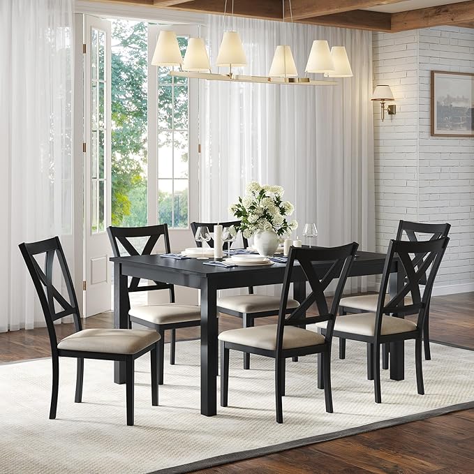 AMERLIFE 7-Piece Farmhouse Dining Table Set with 6 Upholstered Chairs, 60" Space-Saving Dining Table & Chair Set for Dining Room, Kitchen, Small Apartment, Restaurant, Grey