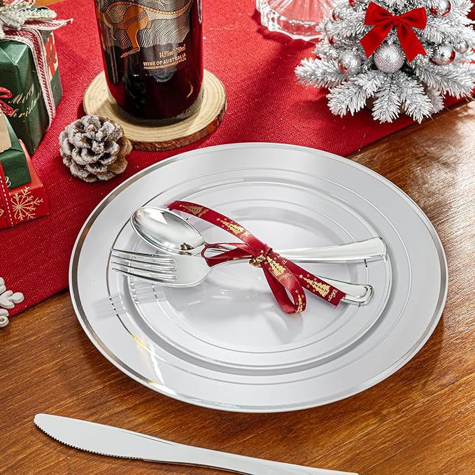 350 Pcs Silver Plastic Plates - Silver Dinnerware Set of 50 Dinner Plates 50 Dessert Plate 50 Silverware 50 Napkins 50 Cups for Christmas Party&Wedding
