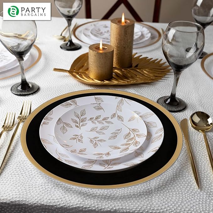 PARTY BARGAINS 13-Inch Charger Plates - 4 Pack, Black Gold Rim, Heavy-Duty Disposable Chargers for Elegant Dining - Ideal for Weddings and Formal Events