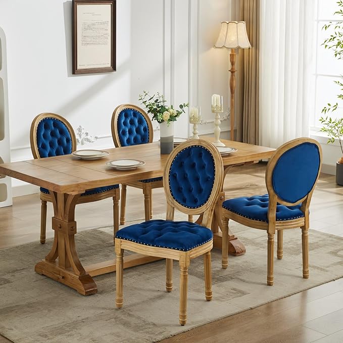 Vintage French Dining Chairs Set of 8, Round Back Velvet Upholstered Accent Chairs with Nailhead Trim and Solid Wood Frame, Elegant Sillas de Comedor for Dining Room & Kitchen, Blue
